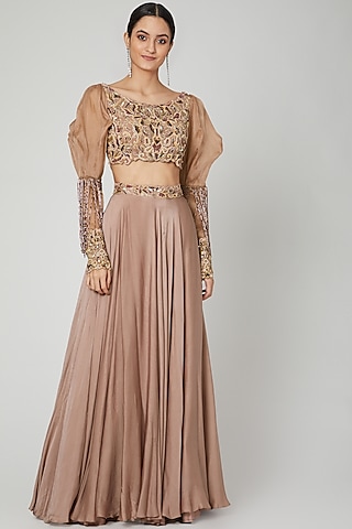 Brown Embroidered Blouse With Lehenga by Nitika Kanodia Gupta