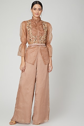 Brown Ruffled Shirt With Pants, Inner & Belt by Nitika Kanodia Gupta