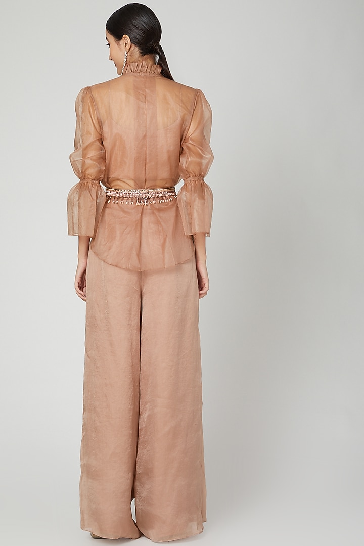 Brown Ruffled Shirt With Pants, Inner & Belt by Nitika Kanodia Gupta at Pernia's Pop Up Shop