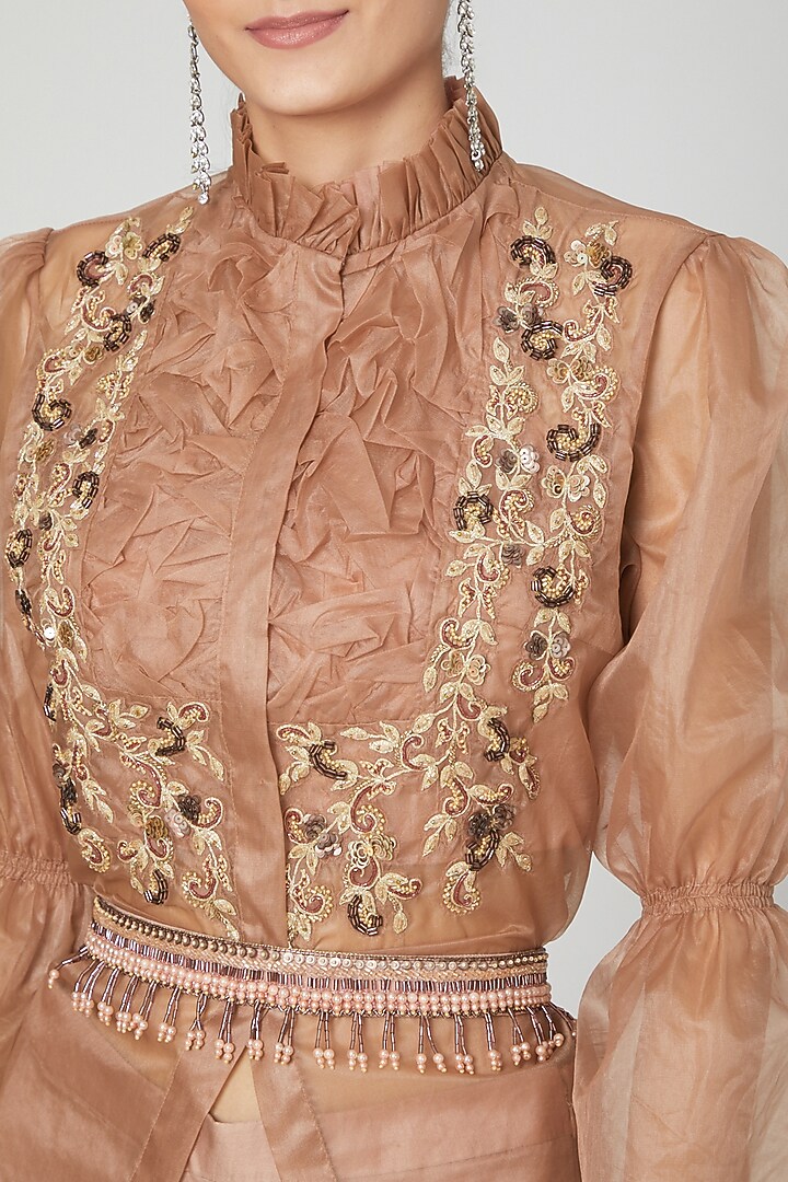Brown Ruffled Shirt With Pants, Inner & Belt by Nitika Kanodia Gupta at Pernia's Pop Up Shop