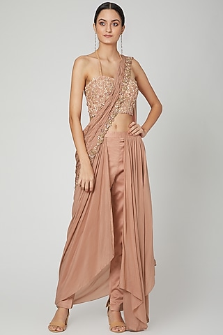 Brown Embroidered Draped Saree Set by Nitika Kanodia Gupta