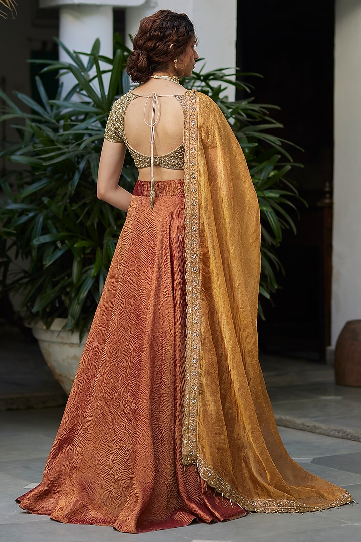 Copper Pure Crush Tissue Wedding Lehenga Set by DHRUVI PANCHAL at Pernia's Pop Up Shop