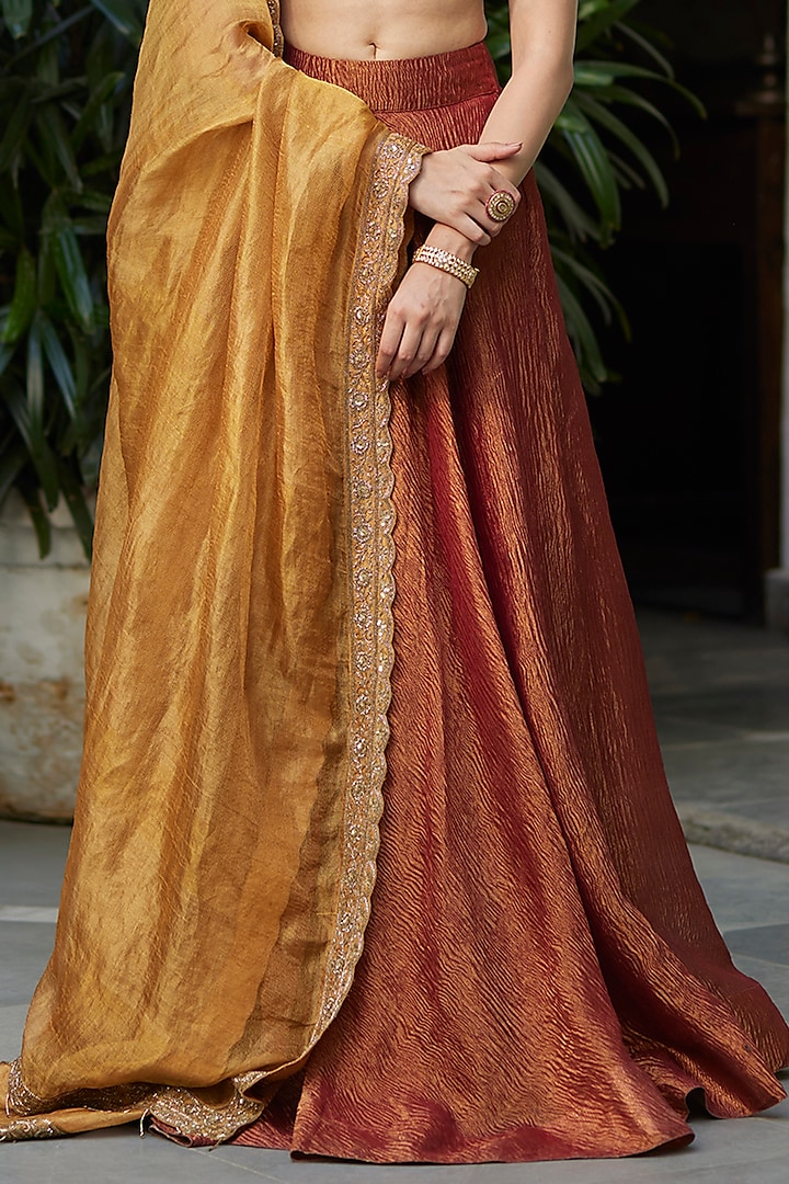 Copper Pure Crush Tissue Wedding Lehenga Set by DHRUVI PANCHAL at Pernia's Pop Up Shop