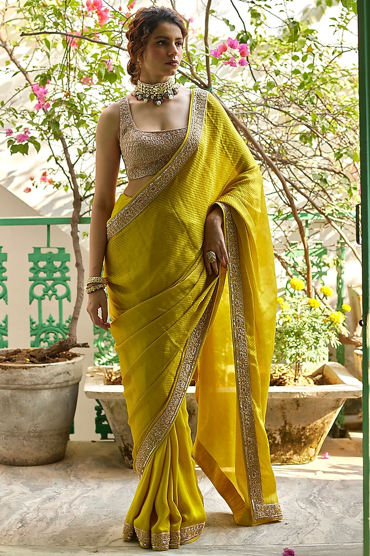 Yellow Banarasi & Dupion Silk Hand Embroidered Saree Set by DHRUVI PANCHAL