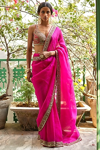 Pink Pure Organza Hand Embroidered Pre-Stitched Saree Set by DHRUVI PANCHAL