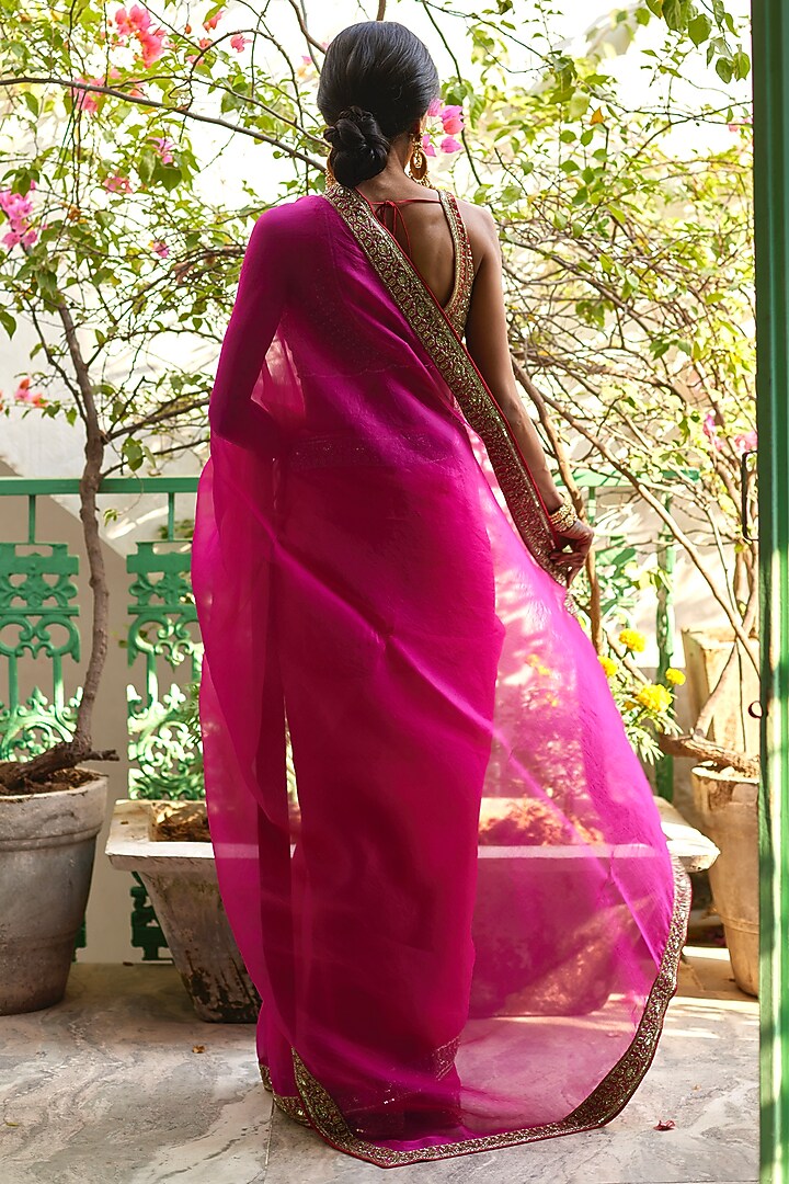 Pink Pure Organza Hand Embroidered Pre-Stitched Wedding Saree Set by DHRUVI PANCHAL at Pernia's Pop Up Shop
