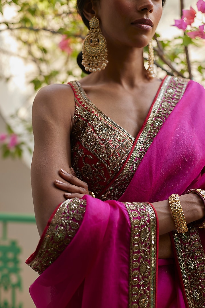 Pink Pure Organza Hand Embroidered Pre-Stitched Wedding Saree Set by DHRUVI PANCHAL at Pernia's Pop Up Shop