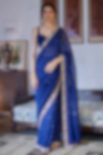 Blue Chanderi Hand Embroidered Saree Set by DHRUVI PANCHAL