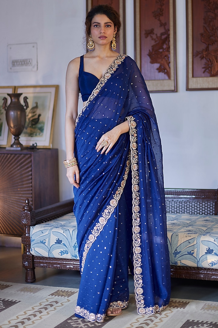 Blue Chanderi Hand Embroidered Saree Set by DHRUVI PANCHAL