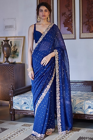 Blue Chanderi Hand Embroidered Saree Set by DHRUVI PANCHAL