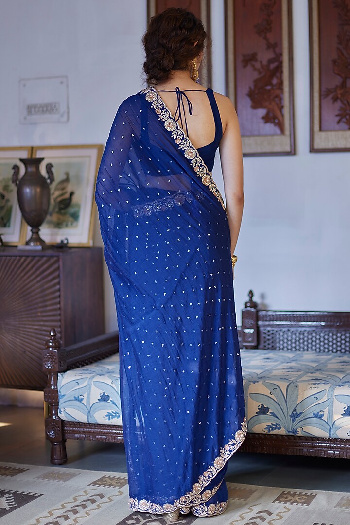 Blue Chanderi Hand Embroidered Wedding Saree Set by DHRUVI PANCHAL at Pernia's Pop Up Shop