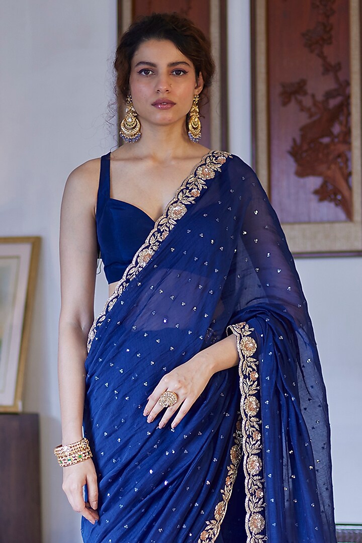 Blue Chanderi Hand Embroidered Wedding Saree Set by DHRUVI PANCHAL at Pernia's Pop Up Shop