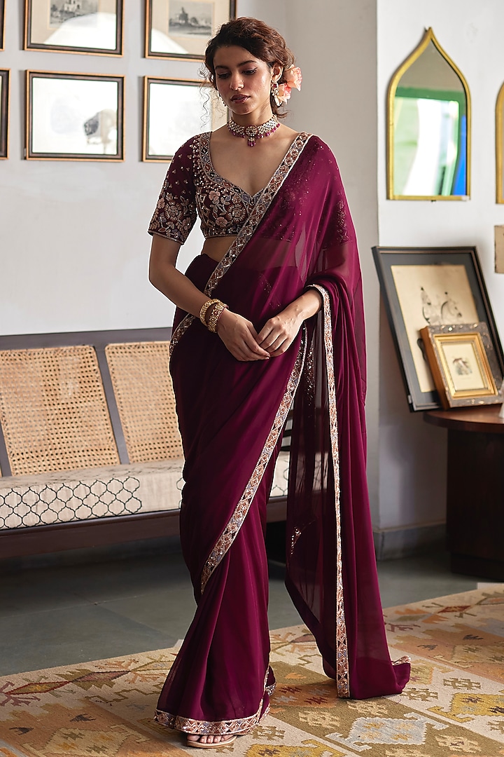 Plum Georgette Hand Embroidered Saree Set by DHRUVI PANCHAL