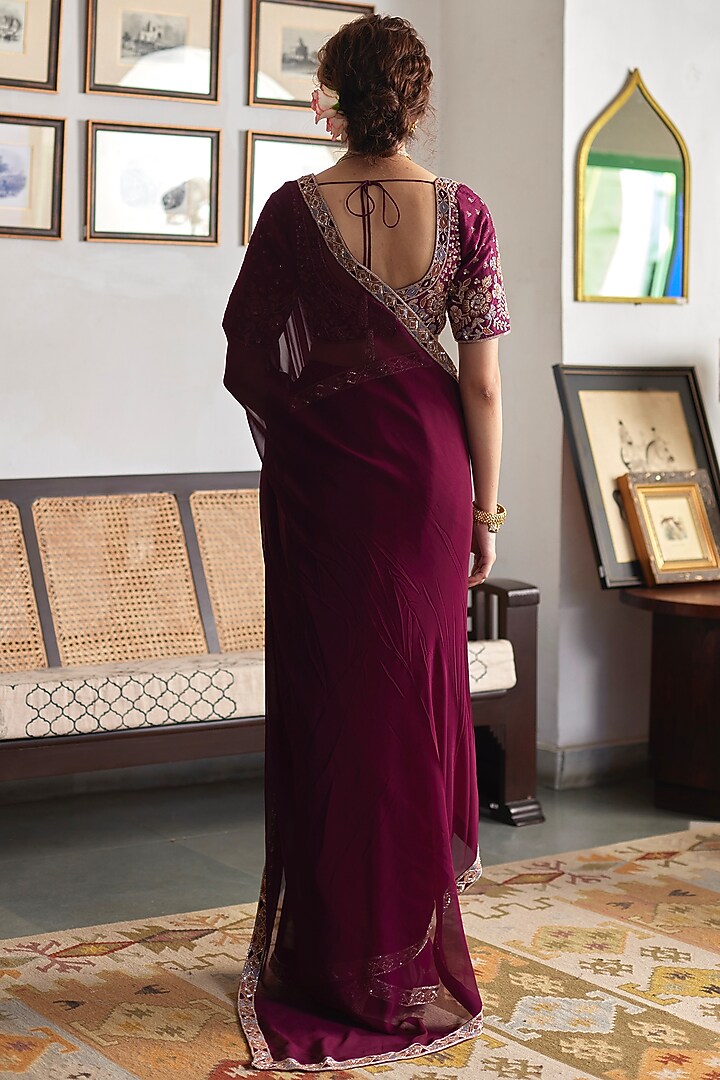 Plum Georgette Hand Embroidered Wedding Saree Set by DHRUVI PANCHAL at Pernia's Pop Up Shop