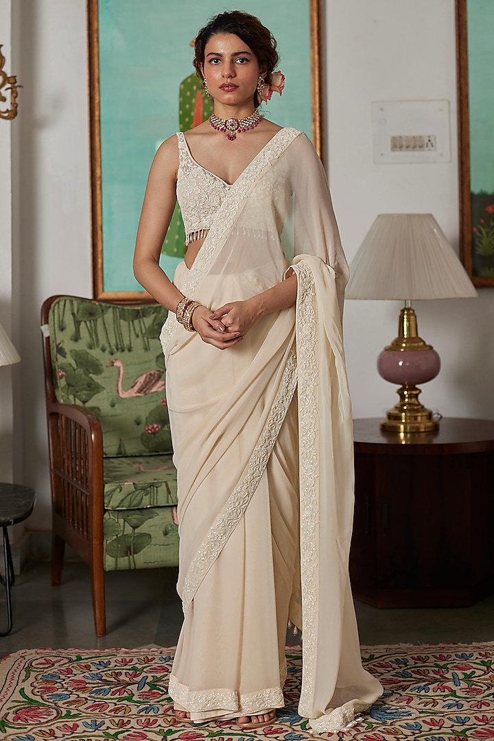 Cream Georgette Cutdana Embroidered Pre-Stitched Saree Set by DHRUVI PANCHAL