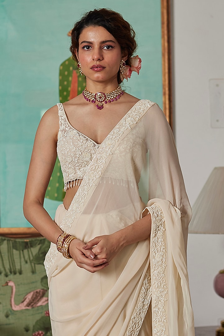 Cream Georgette Cutdana Embroidered Pre-Stitched Wedding Saree Set by DHRUVI PANCHAL at Pernia's Pop Up Shop