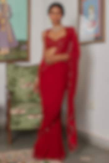 Red Georgette Cutdana Embroidered Pre-Stitched Saree Set by DHRUVI PANCHAL at Pernia's Pop Up Shop