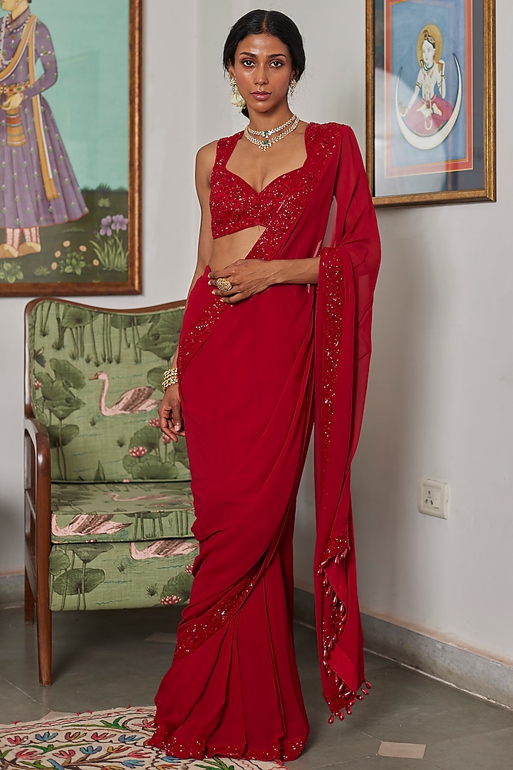 Red Georgette Cutdana Embroidered Pre-Stitched Saree Set by DHRUVI PANCHAL