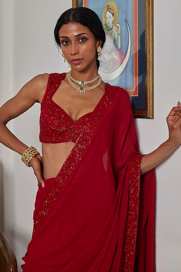 Red Georgette Cutdana Embroidered Pre-Stitched Wedding Saree Set by DHRUVI PANCHAL at Pernia's Pop Up Shop