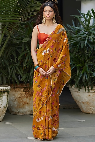 Yellow Organza Kalamkari Hand Painted & Embroidered Saree Set by DHRUVI PANCHAL