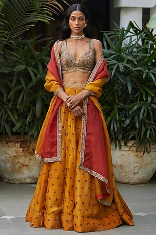 Yellow Pure Organza Hand Embroidered Lehenga Set by DHRUVI PANCHAL