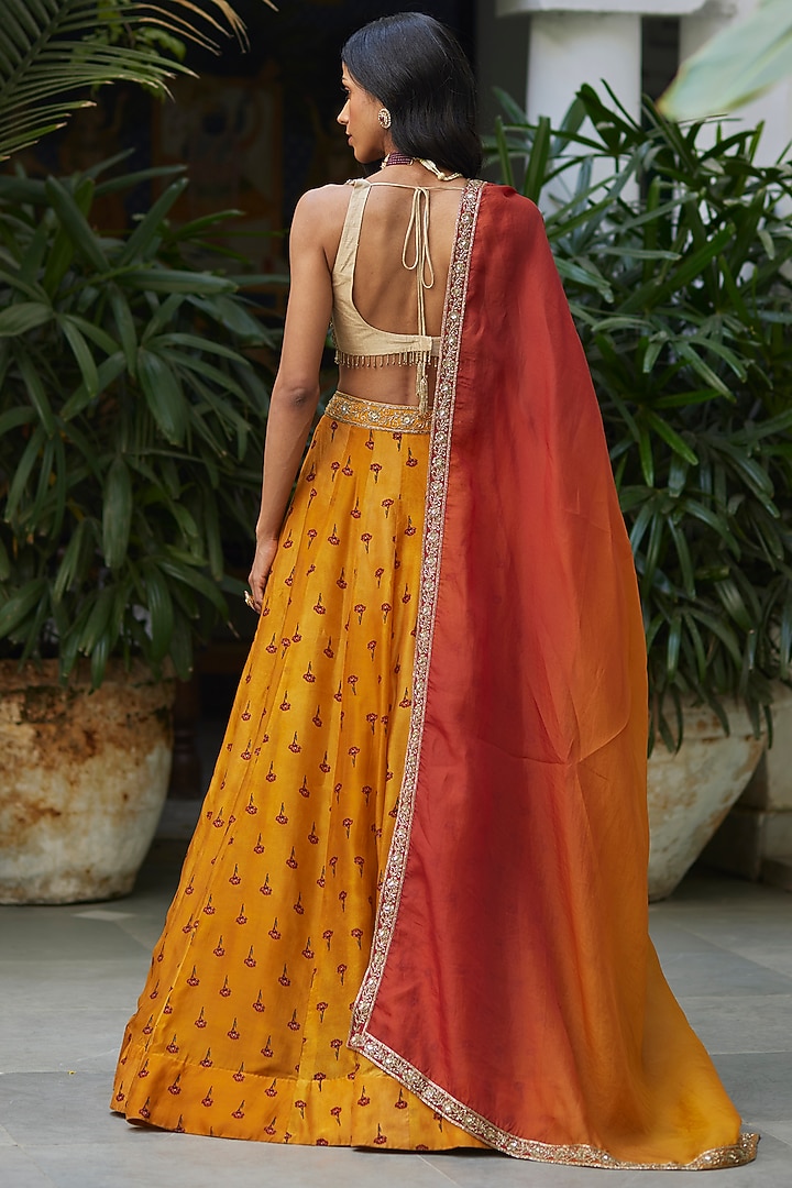Yellow Pure Organza Hand Embroidered Wedding Lehenga Set by DHRUVI PANCHAL at Pernia's Pop Up Shop