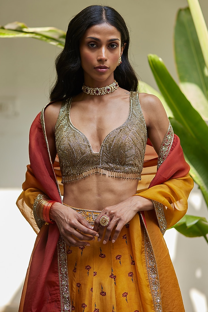Yellow Pure Organza Hand Embroidered Wedding Lehenga Set by DHRUVI PANCHAL at Pernia's Pop Up Shop