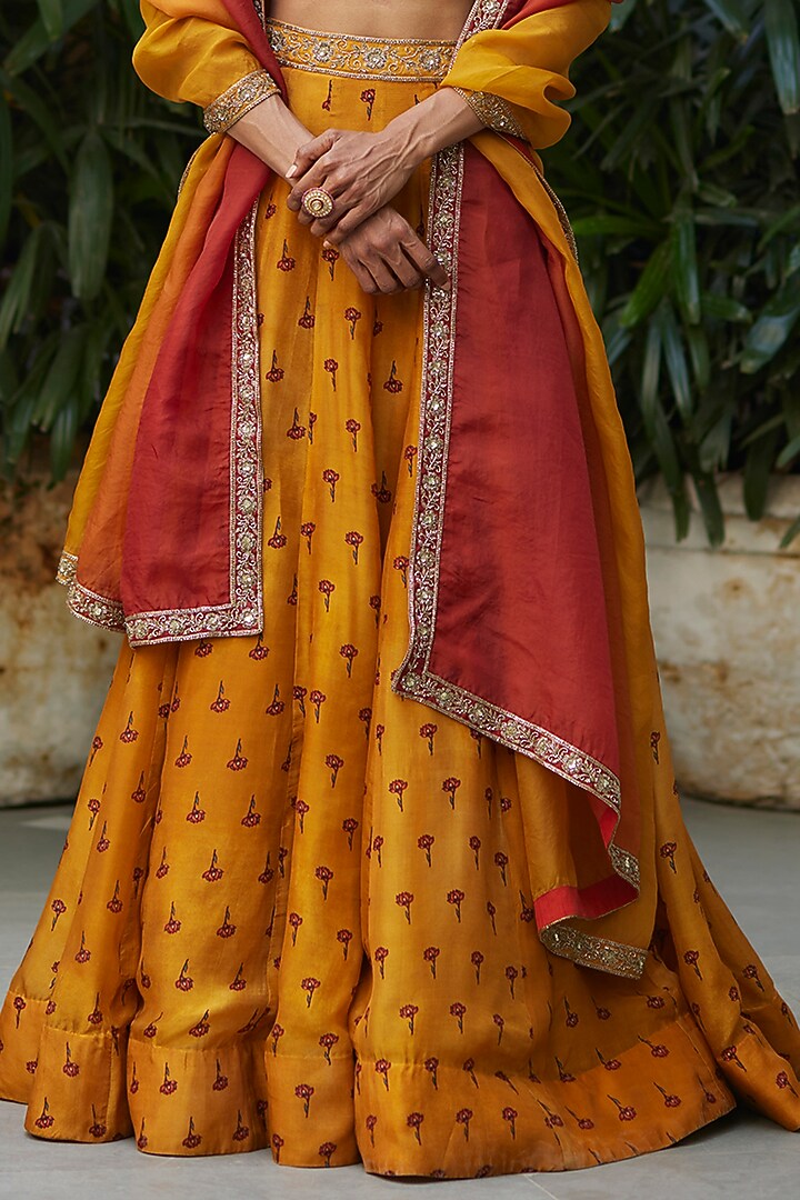 Yellow Pure Organza Hand Embroidered Wedding Lehenga Set by DHRUVI PANCHAL at Pernia's Pop Up Shop