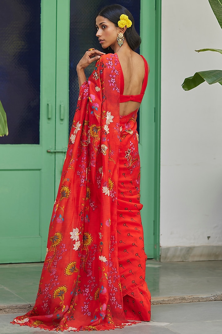 Orange Organza Kalamkari Wedding Saree Set by DHRUVI PANCHAL at Pernia's Pop Up Shop