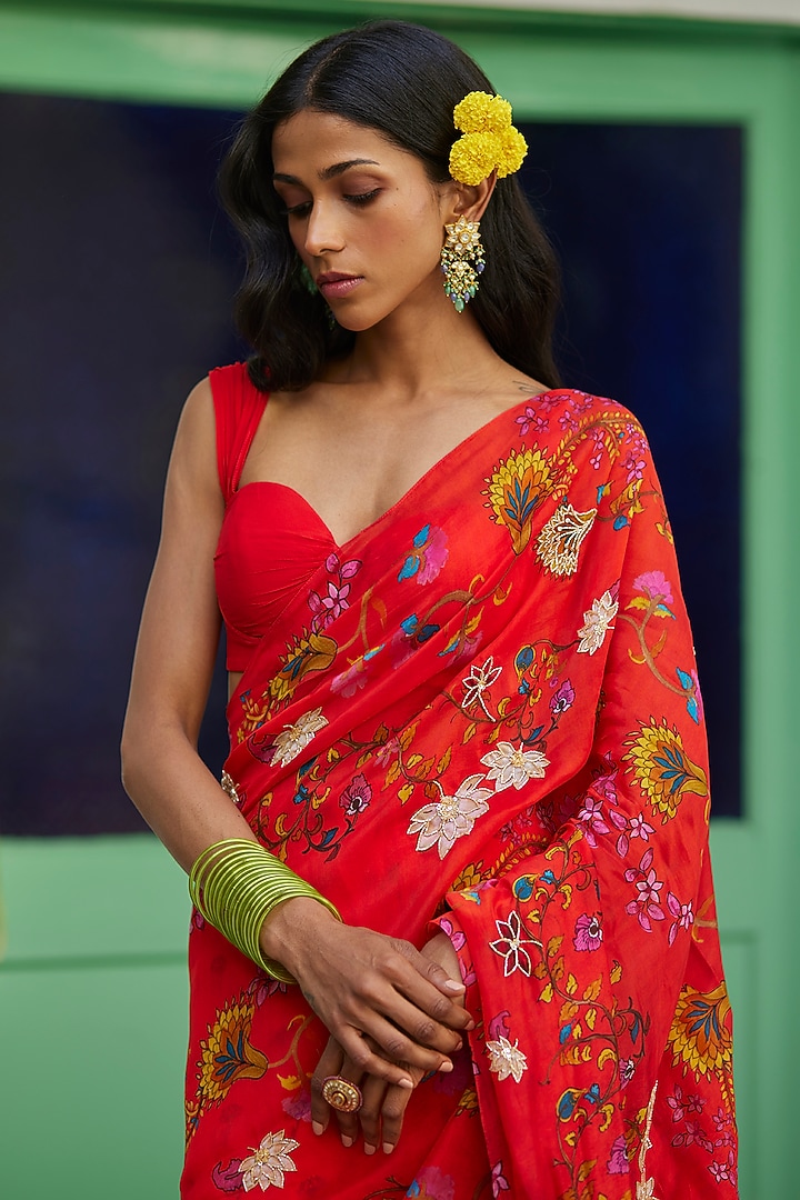 Orange Organza Kalamkari Wedding Saree Set by DHRUVI PANCHAL at Pernia's Pop Up Shop