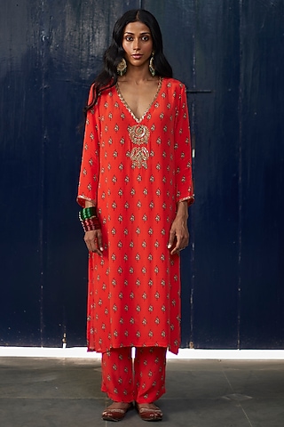 Orange Crepe Printed & Embroidered Kurta Set by DHRUVI PANCHAL
