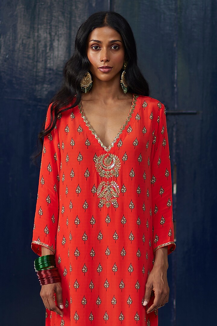 Orange Crepe Printed & Embroidered Kurta Set by DHRUVI PANCHAL at Pernia's Pop Up Shop