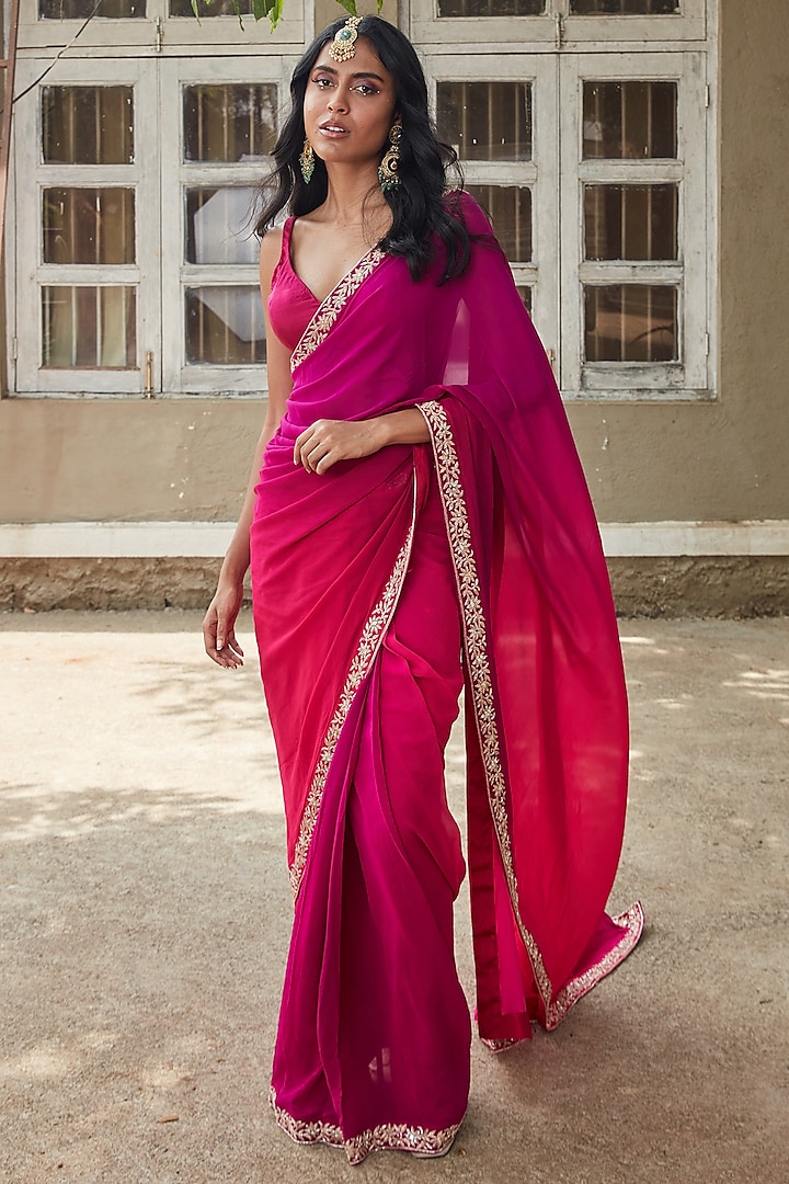 Magenta Pure Georgette Hand Embroidered Saree Set by DHRUVI PANCHAL