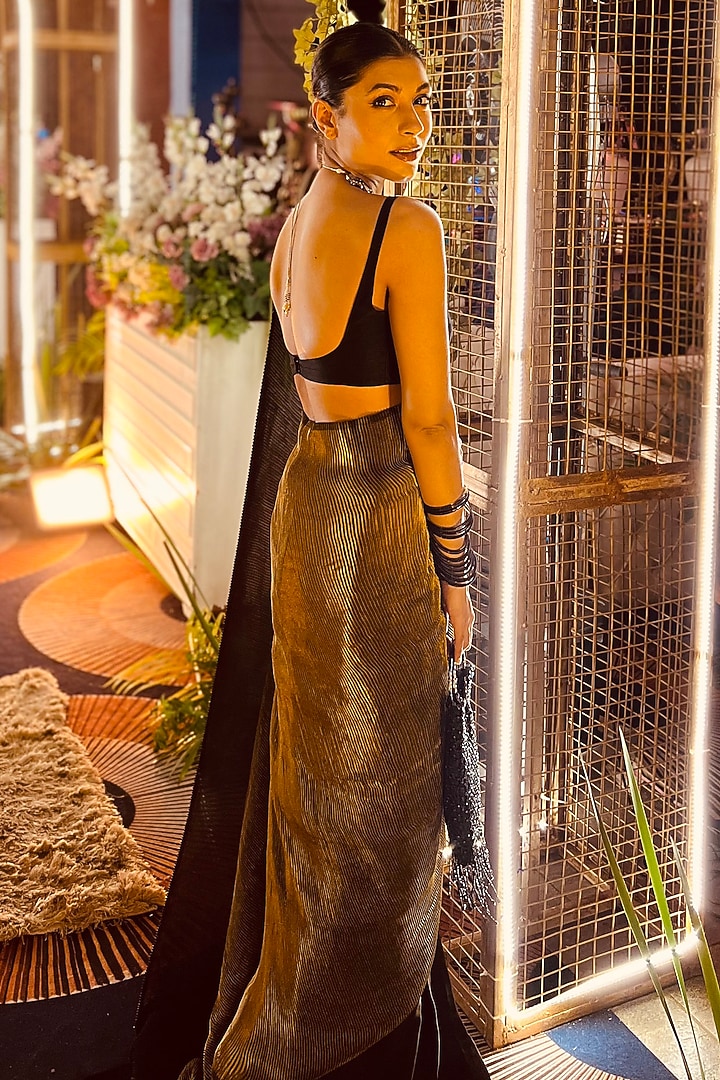 Black & Gold Bemberg Satin Pre-Stitched Wedding Saree Set by DHRUVI PANCHAL at Pernia's Pop Up Shop