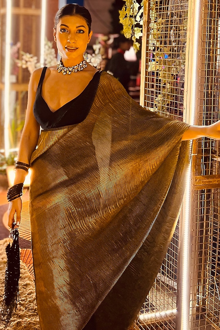 Black & Gold Bemberg Satin Pre-Stitched Wedding Saree Set by DHRUVI PANCHAL at Pernia's Pop Up Shop