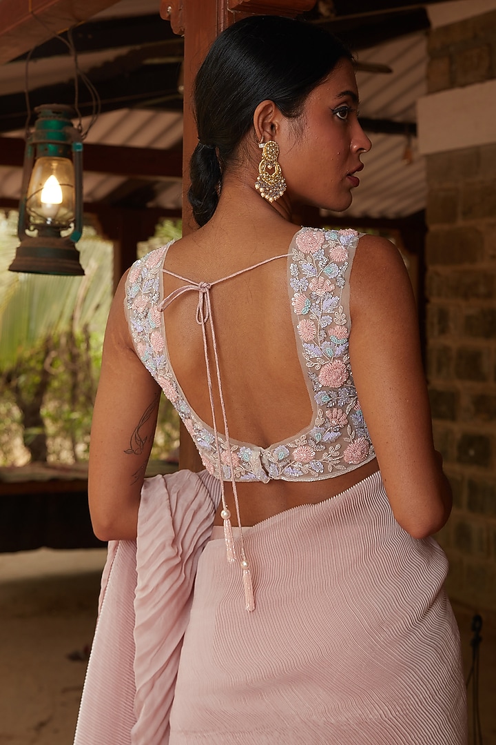 Mauve Pleated Fabric Wedding Saree Set by DHRUVI PANCHAL at Pernia's Pop Up Shop