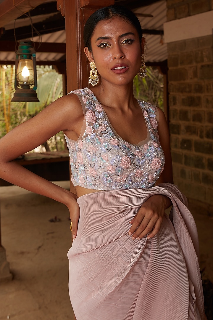 Mauve Pleated Fabric Wedding Saree Set by DHRUVI PANCHAL at Pernia's Pop Up Shop