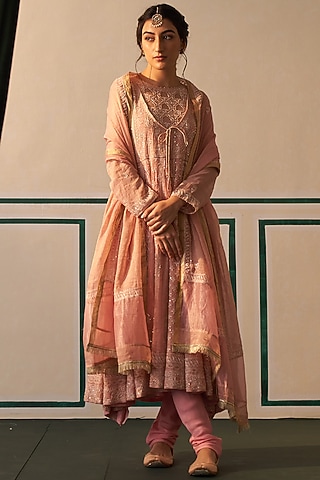 Pink Chanderi Embroidered Anarkali Set by Dhaaga & Co. by Savnit Gurnani