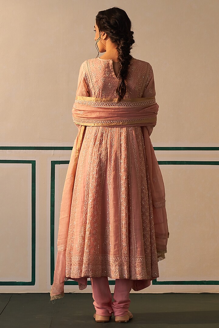 Pink Chanderi Embroidered Wedding Anarkali Set by Dhaaga & Co. by Savnit Gurnani at Pernia's Pop Up Shop
