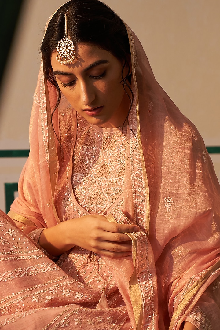Pink Chanderi Embroidered Wedding Anarkali Set by Dhaaga & Co. by Savnit Gurnani at Pernia's Pop Up Shop