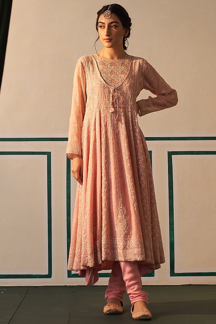 Pink Chanderi Embroidered Wedding Anarkali Set by Dhaaga & Co. by Savnit Gurnani at Pernia's Pop Up Shop