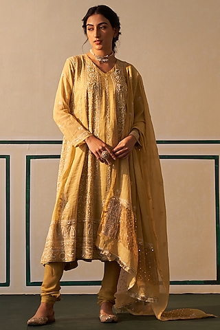Lime Green Tissue Embroidered Anarkali Set by Dhaaga & Co. by Savnit Gurnani