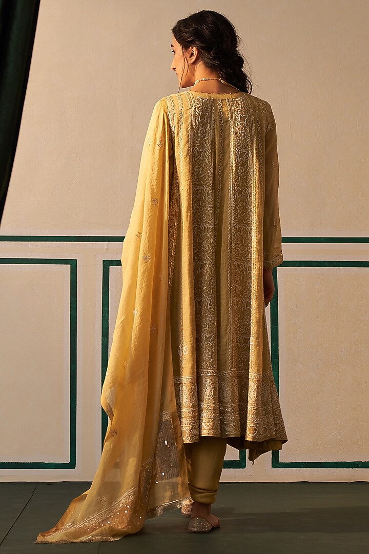 Lime Green Tissue Embroidered Wedding Anarkali Set by Dhaaga & Co. by Savnit Gurnani at Pernia's Pop Up Shop