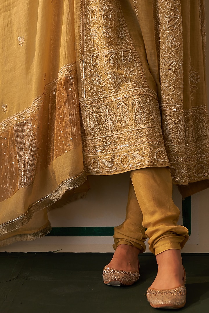 Lime Green Tissue Embroidered Wedding Anarkali Set by Dhaaga & Co. by Savnit Gurnani at Pernia's Pop Up Shop