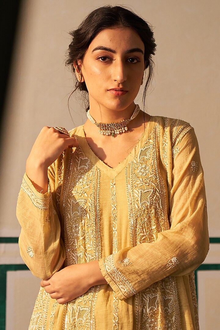 Lime Green Tissue Embroidered Wedding Anarkali Set by Dhaaga & Co. by Savnit Gurnani at Pernia's Pop Up Shop