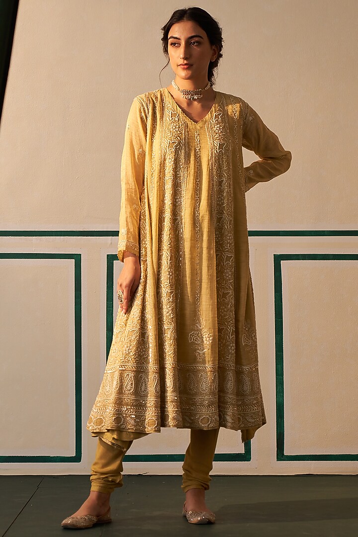 Lime Green Tissue Embroidered Wedding Anarkali Set by Dhaaga & Co. by Savnit Gurnani at Pernia's Pop Up Shop