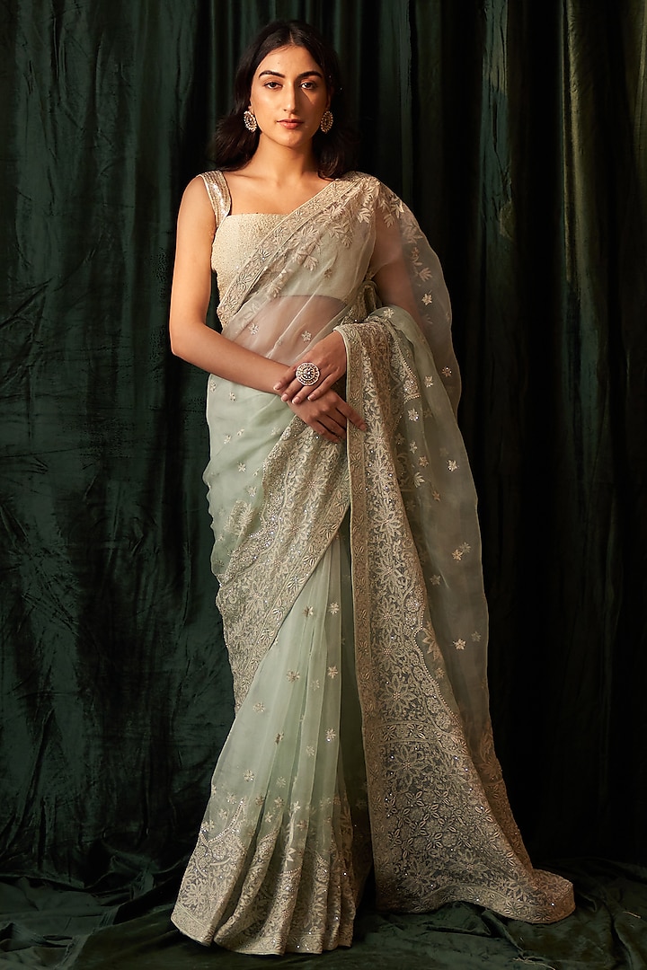 Green Organza Embroidered Saree Set by Dhaaga & Co. by Savnit Gurnani