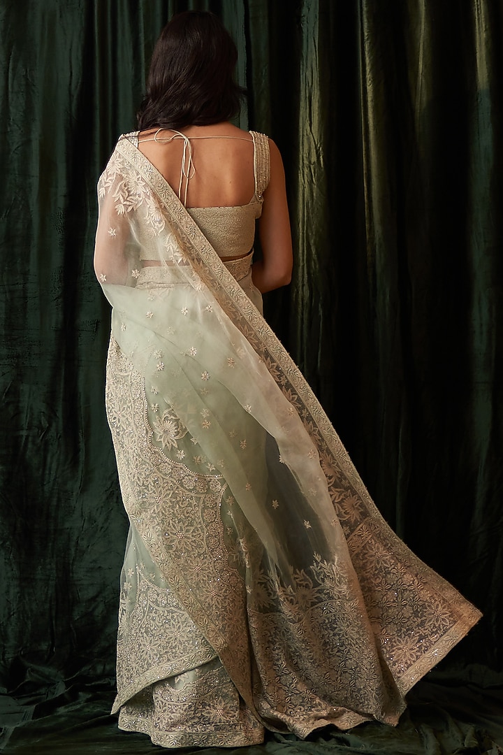 Green Organza Embroidered Reception Saree Set by Dhaaga & Co. by Savnit Gurnani at Pernia's Pop Up Shop