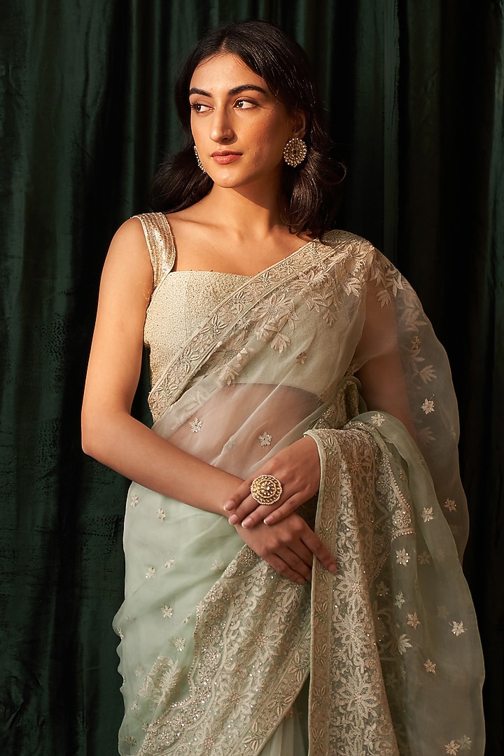 Green Organza Embroidered Reception Saree Set by Dhaaga & Co. by Savnit Gurnani at Pernia's Pop Up Shop