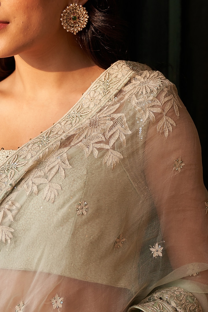 Green Organza Embroidered Reception Saree Set by Dhaaga & Co. by Savnit Gurnani at Pernia's Pop Up Shop